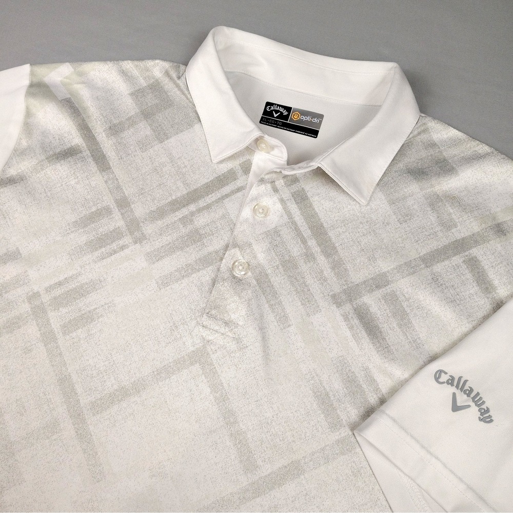 Callaway Opti Dri Golf Polo Shirt Men's XL White Gray Plaid Performance Stretch